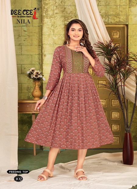 Nila By Deecee Feeding Flared Rayon Printed Kurtis Wholesale Shop In Surat
