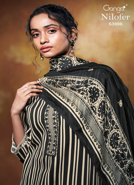 Nilofer 3696 By Ganga Cotton Satin Embroidery Salwar Suit Suppliers In India
