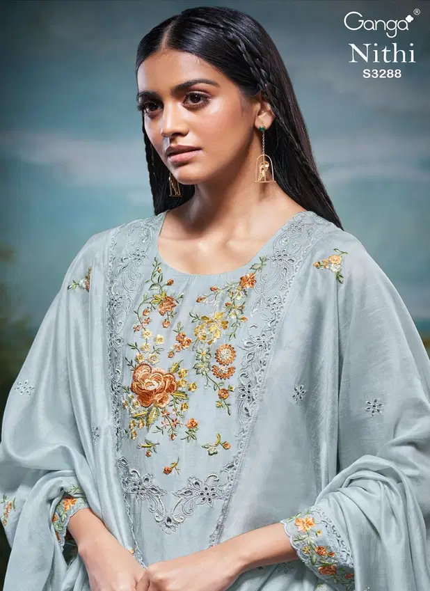 NIthi 3288 by Ganga Bemberg Silk Embroidery Salwar Suit Exporters In India