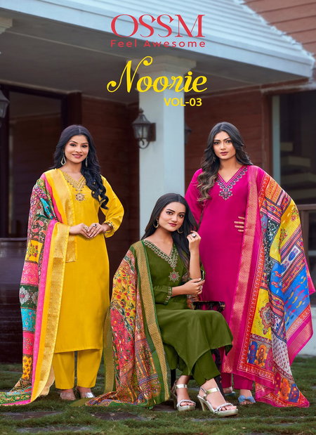 Noorie Vol 03 By Ossm Viscose Roman Silk Embroidery Kurtis With Bottom Dupatta Wholesale Price In Surat