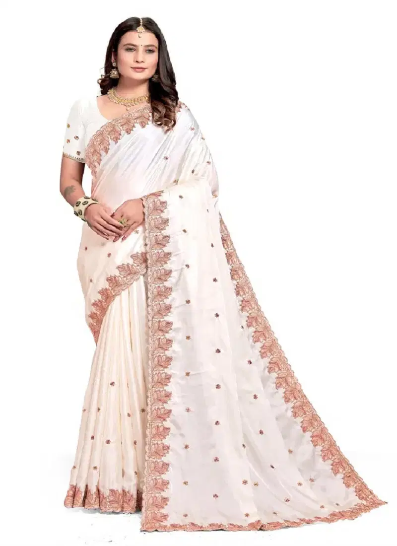 Off White Colour Belly By Nari Fashion Pure Satin Party Wear Saree Wholesale Online Catalog