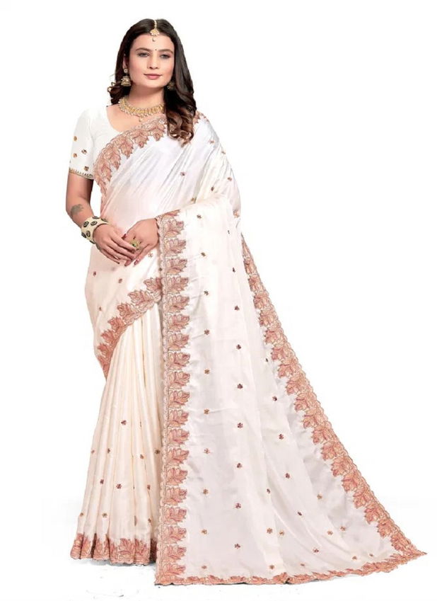 Off White Colour Belly By Nari Fashion Pure Satin Party Wear Saree Wholesale Online