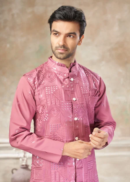 Pink color Outluk Wedding Vol 49 Pure Viscose Mens Modi Jacket Kurta Pajama 4905 