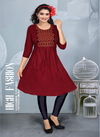 Pooja Gulmohar Casual Wear Rayon Embroidery Designer Kurtis Collection
