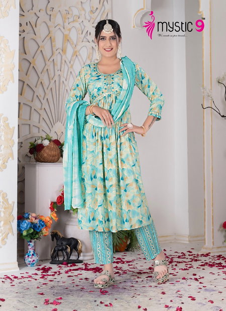 Pooja Vol 2 By Mystic 9 Alia Cut Rayon Foil Printed Kurti With Bottom Dupatta Wholesale Online
