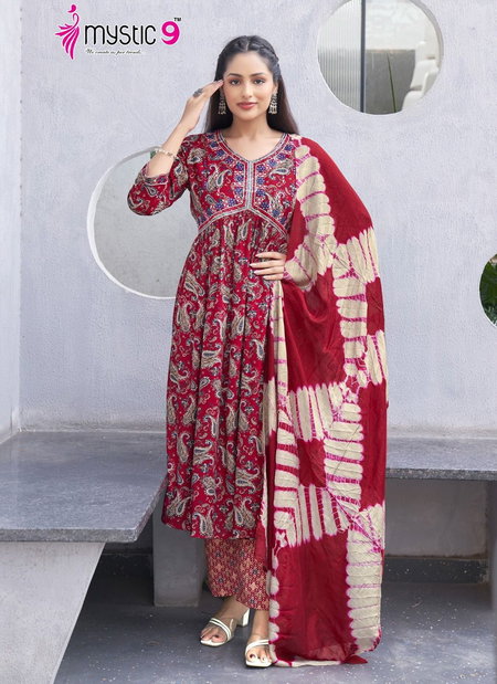 Pooja Vol 6 By Mystic 9 Rayon Aliya Cut Kurti With Bottom Dupatta Wholesale Online
