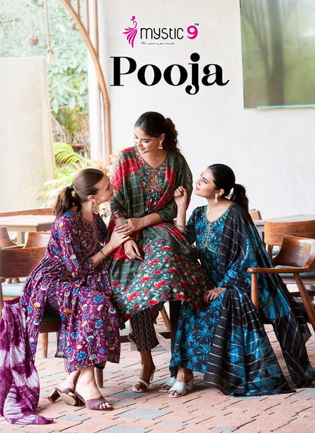 Pooja Vol 7 By Mystic 9 Rayon Aliya Cut Kurti With Bottom Dupatta Wholesale Online
 Catalog