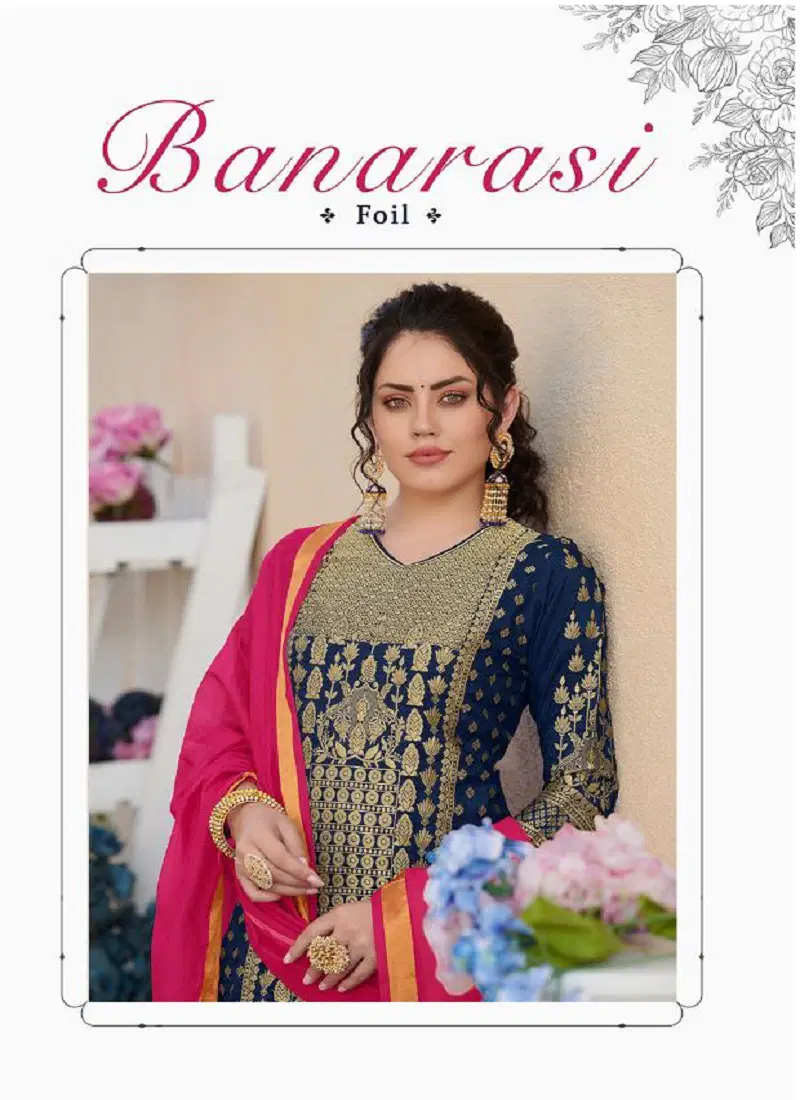 Poonam Designer Banarasi Foil Latest Fancy Heavy Designer Festive Wear Pure Rayon With Banarasi Foil Readymade Salwar Suit Collection