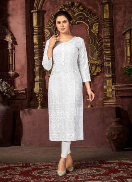 Poonam Designer Kurti Pant Dupatta On White Pure Rayon Front/Back & Sleeve  Full Chikan Work