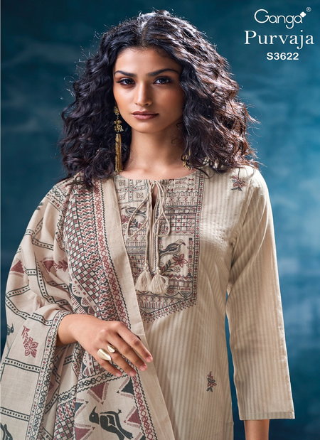 Purvaja 3622 By Ganga Cotton Printed Embroidery Salwar Suit Exporters In India
