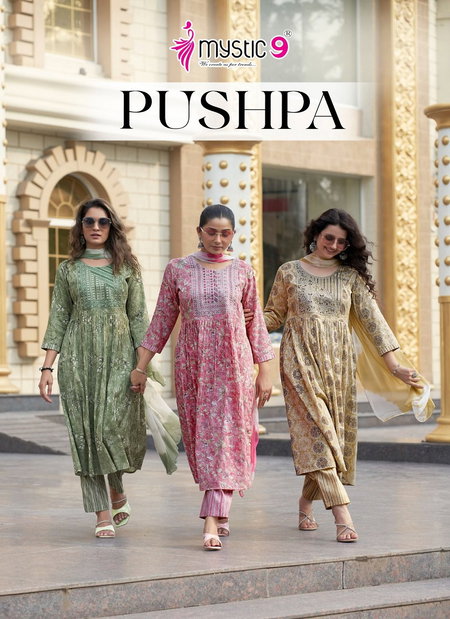 Pushpa Vol 1 By Mystic 9 Rayon Capsule Foil Printed Kurti With Bottom Dupatta Wholesale Shop In Surat