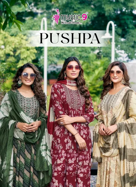 Pushpa Vol 2 By Mystic 9 Rayon Capsule Foil Printed Kurti With Bottom Dupatta Online Wholesale