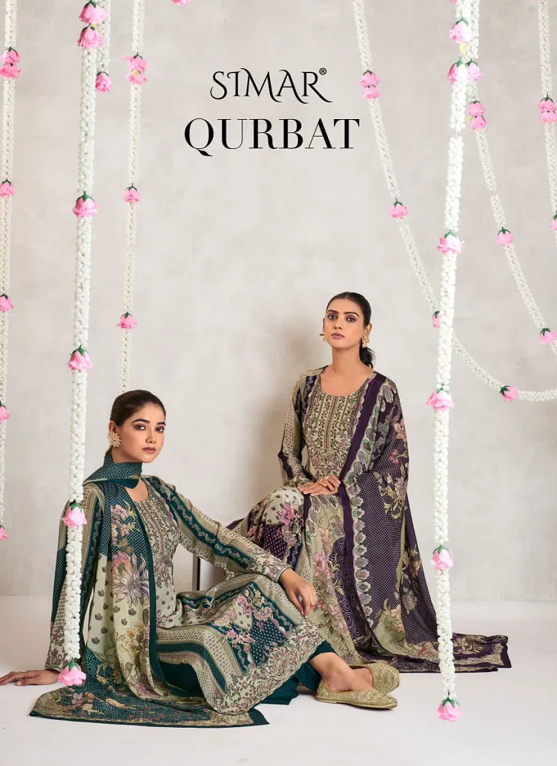 Qurbat By Glossy Crape Printed Dress Material Wholesalers In Delhi Catalog