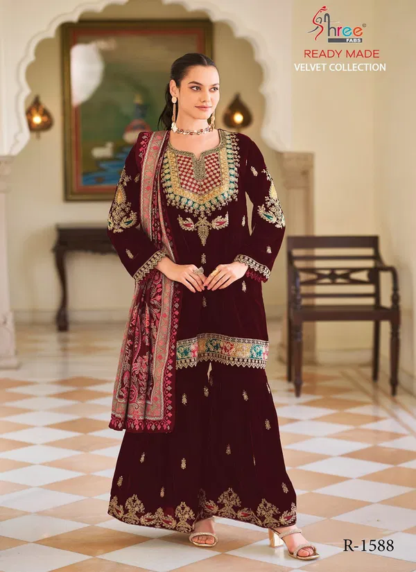 R 1588 By Shree Embroidery Velvet Pakistani Suits Wholesale Market In Surat