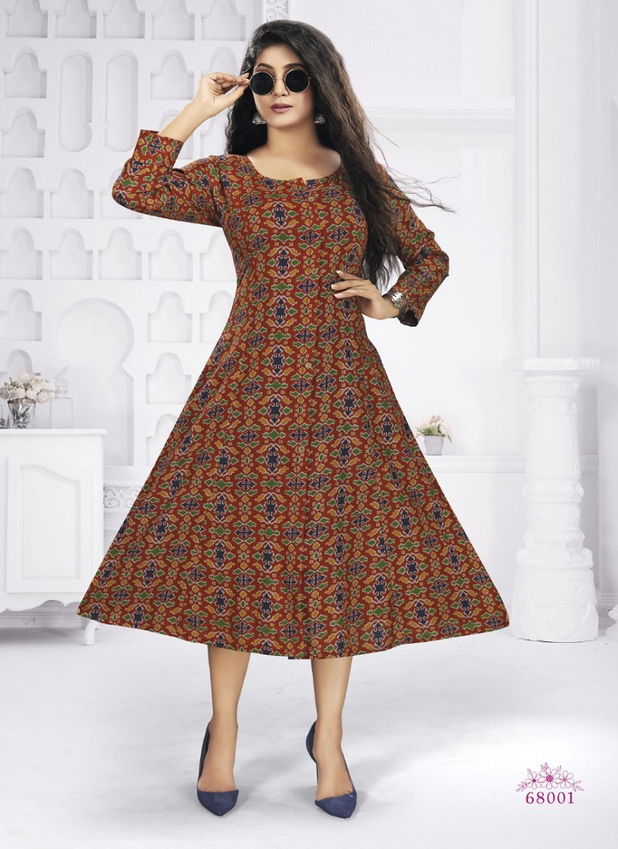 Raashi Unnati Heavy Rayon Printed Fancy Wear Anarakali Kurti Collection
