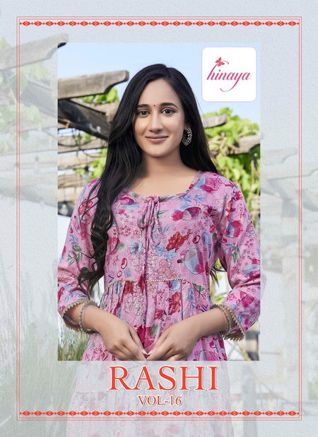 Raashi Vol 16 By Hinaya Rayon Foil Printed Designer Kurtis Wholesalers In Delhi Catalog