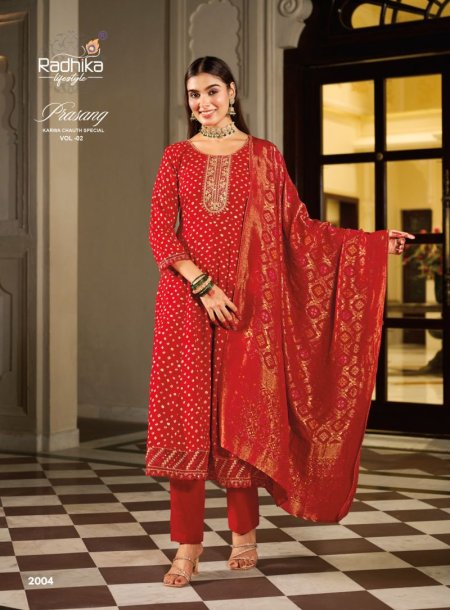 Prasang Vol 2 By Radhika Rayon Karwa Chouth Special Kurti With Bottom Dupatta 