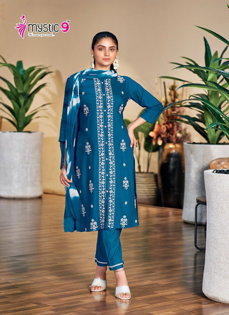 Rajwadi Vol 1 By Mystic 9 Rayon Embroidery Kurti With Bottom Dupatta Wholesale Shop In Surat
