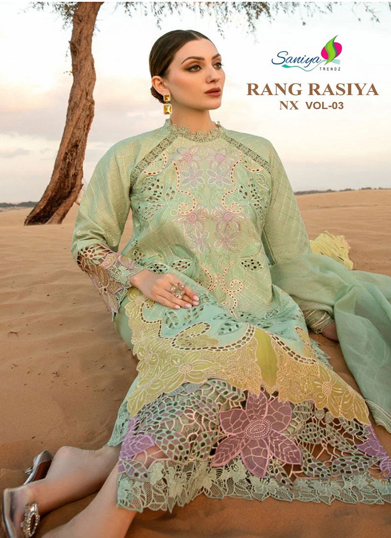 Rang Rasiya Nx Vol 3 By Saniya Chikankari Embroidery Cotton Pakistani Suits Wholesale Market In Surat
 Catalog