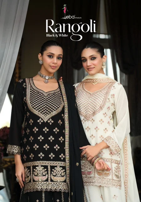 Rangoli Black And White By Eba Chinon Readymade Suit Wholesale Price In Surat