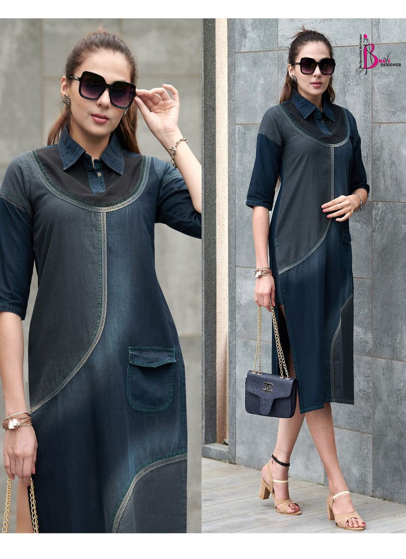 Rapid Different Shades Of Denim Funky Look Party Wear Kurtis Manufacturers