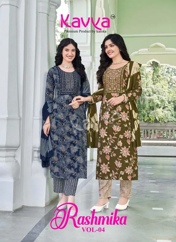 Rashmika Vol 04 By Kavya Rayon Foil Printed Kurti With Bottom Dupatta Wholesale Online
