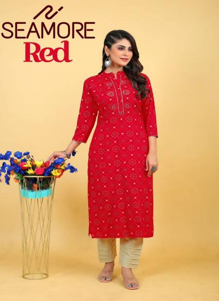 Red By Seamore Rayon Mirror Work With Printed Wear Kurtis Exporters In India Catalog
