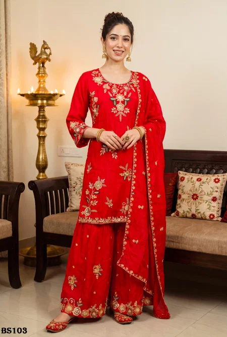 Red Colour Luxuria Vol 1 By Beriston Natural Crepe Sharara Suit BS103
