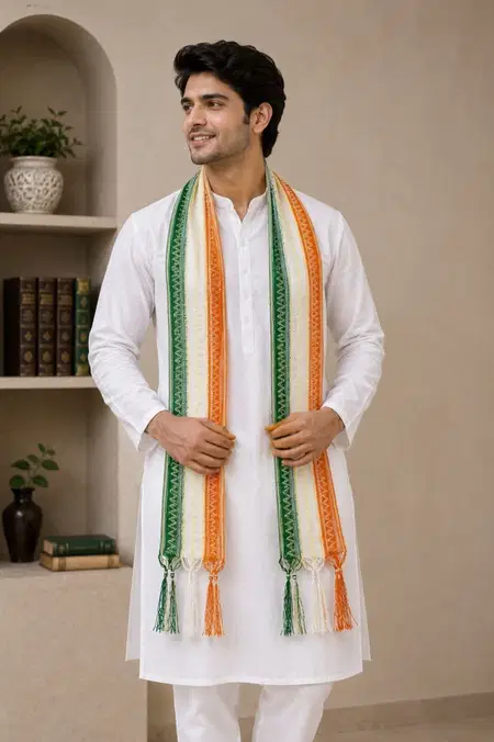 Independence Day Mens White Cotton Kurta With Tricolor Tassel Dupatta