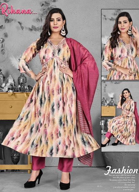 Rihana By Trendy Rayon Printed  Alia Cut Kurti With Bottom Dupatta Wholesale Market In Surat
 Catalog