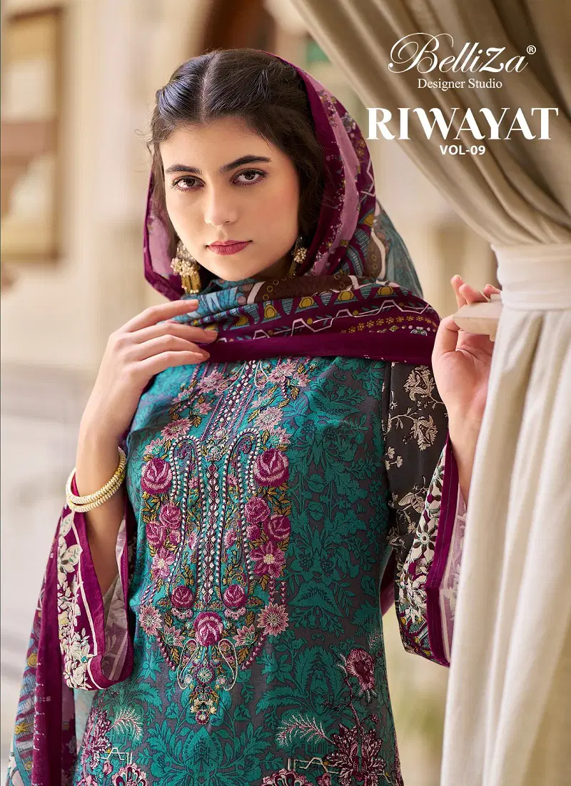 Riwayat Vol 9 By Belliza Viscose Rayon Printed Dress Material Suppliers In India Catalog