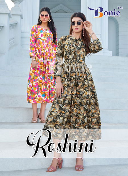 Roshini Vol 1 By Bonie Fancy Printed Flaired Party Wear Kurtis Wholesale Suppliers In Mumbai
 Catalog