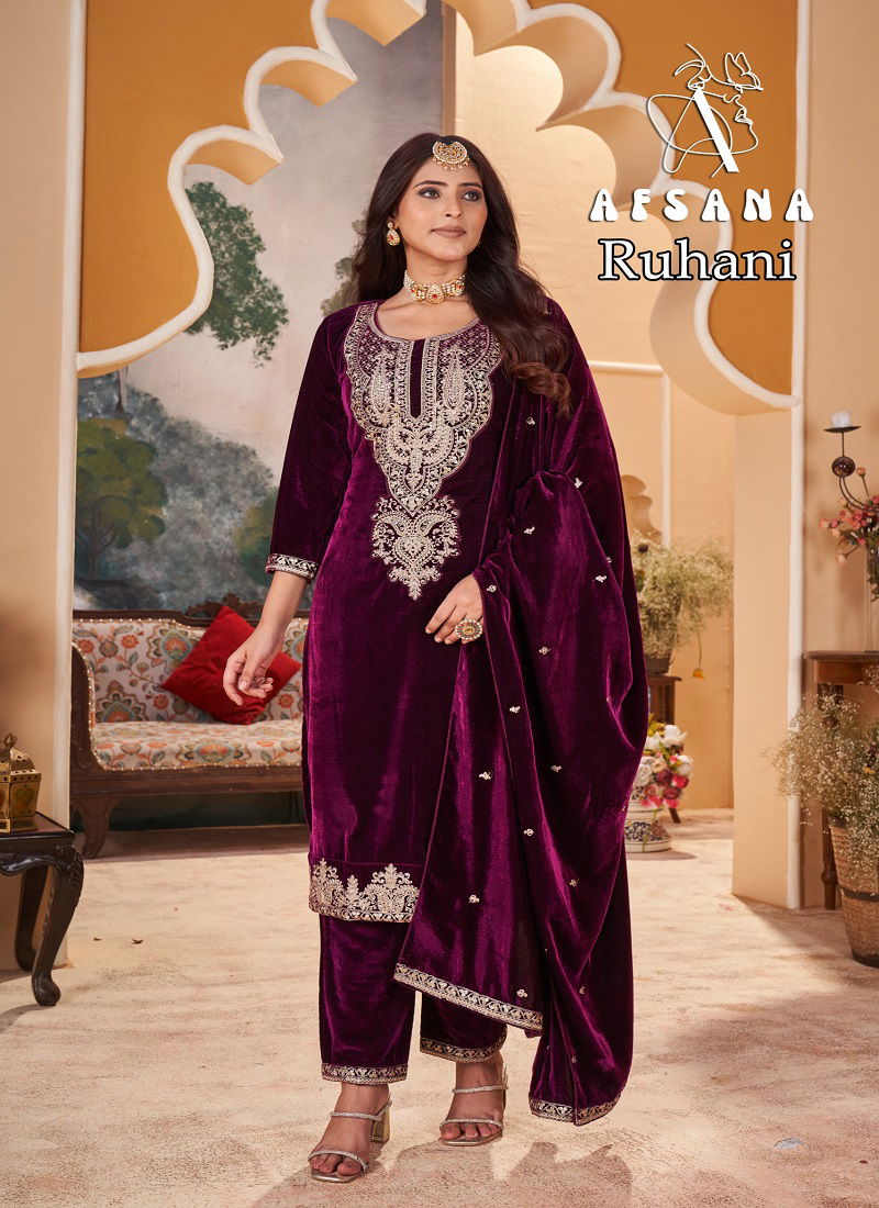 Ruhani By Afsana Winter Wear Embroidery Velvet Salwar Kameez Suppliers In Surat Catalog