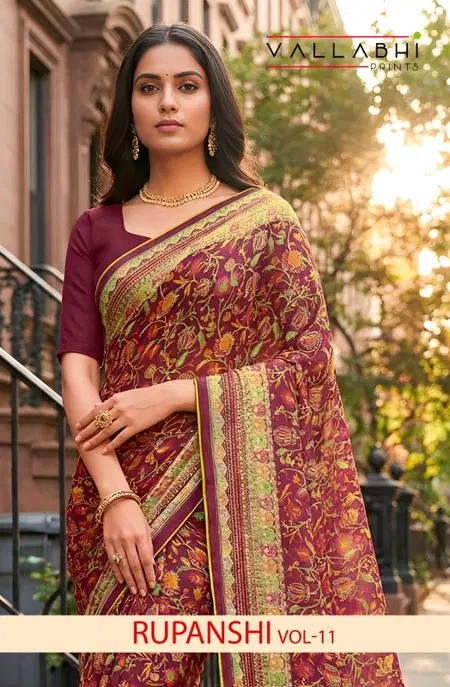 Rupanshi Vol 11 By Vallabhi Moss Georgette Printed Saree Exporters In India

