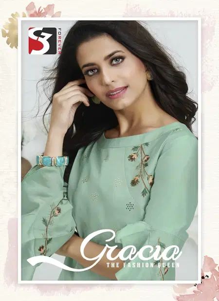 S3 Forever Gracia Fancy Designer Neck Paten Festive Wear Embroidery Work Kurtis Collection
 Catalog