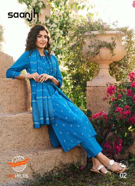 Saanjh By 100 Miles Cotton Embroidery Kurti With Bottom Dupatta Orders In India Catalog