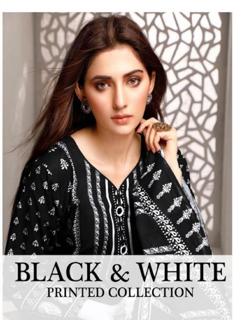 Saffron Latest Fancy Designer Casual Wear Black And White Printed Cotton Dress Material Collection
 Catalog