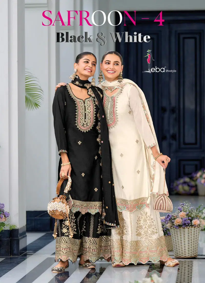 Safroon Vol 4 By Eba Black And White Chinon Readymade Suits Wholesale Online Catalog