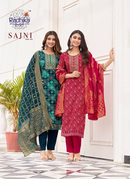 Sajni Vol 4 By Radhika Rayon Printed Wholesale Kurti With Bottom Dupatta In India
