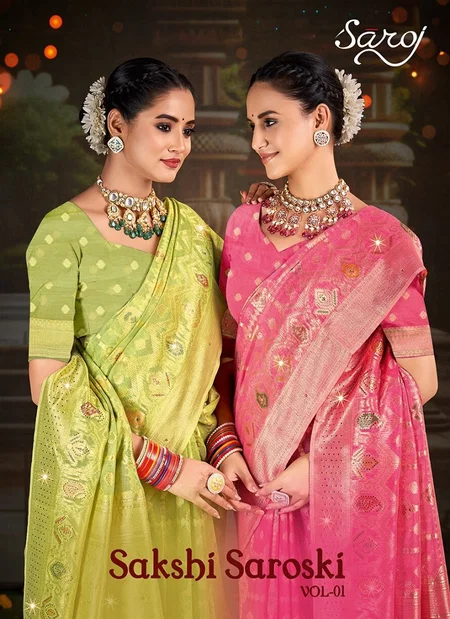 Sakshi Swarovski Vol 01 By Saroj Swarovski Work Linen Cotton Sarees Wholesale Market In Surat
