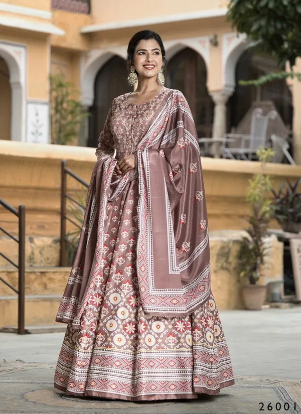 Samanta By Tejasvee Dola Silk Printed Designer Gown With Dupatta Suppliers In India