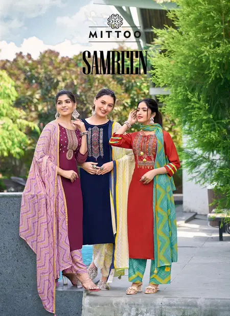 Samreen By Mittoob Hand Work Rayon Designer Kurti With Bottom Dupatta Wholesalers In Delhi Catalog