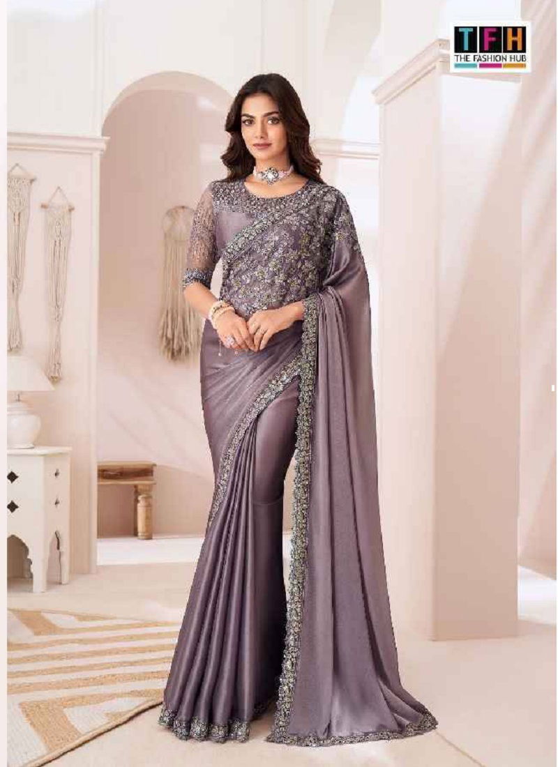 Sandal Wood 1307 By Tfh Sartin Chiffon Saree With Work Wholesale Manufacturer Catalog