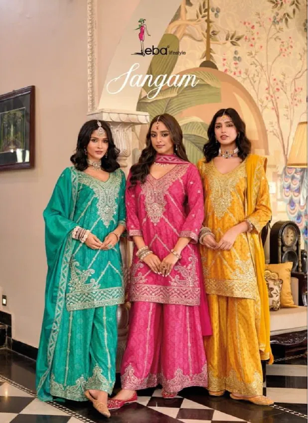 Sangam by Eba Chinon Printed Embroidered Readymade Suits Exporters In India