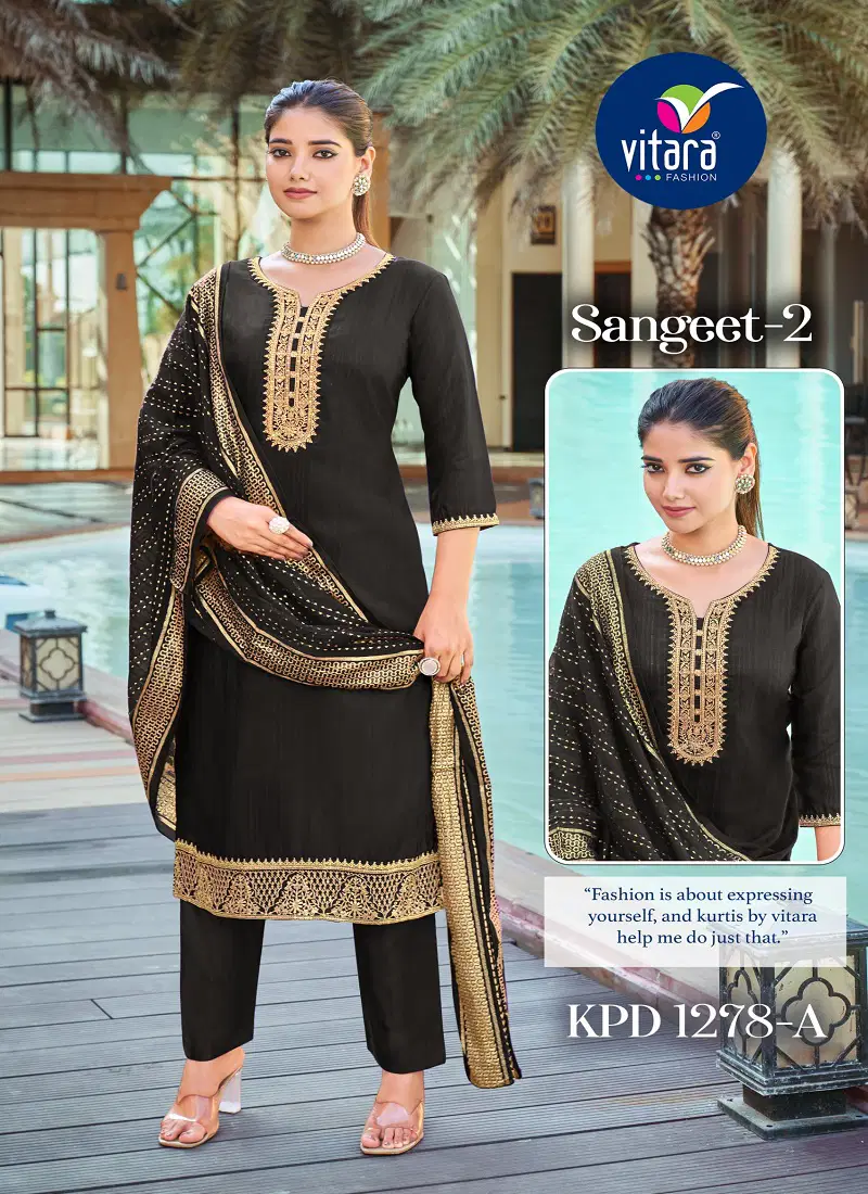 Sangeet Vol 2 By Vitara Silk Embroidery Kurti With Bottom Dupatta Wholesale Online Catalog