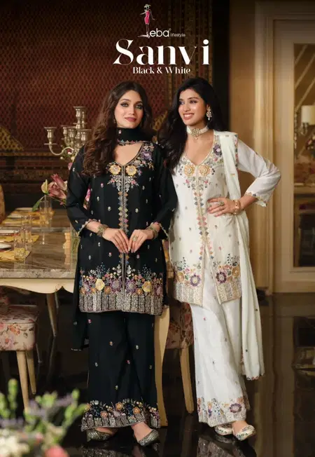 Sanvi Black And White By Eba Chinon Beats Work Readymade Suits Wholesale Online