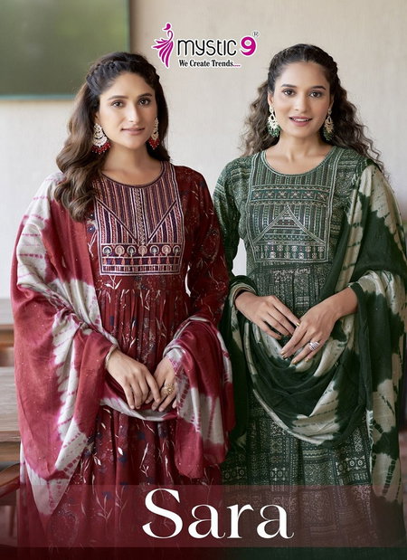 Sara Vol 12 By Mystic 9 Naira Cut Foil Printed Kurti With Bottom Dupatta Wholesale Market In Surat
