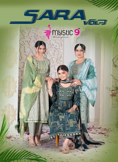 Sara Vol 3 By Mystic 9 Naira Cut Printed Embroidery Kurti With Bottom Dupatta Wholesale Shop In Surat

