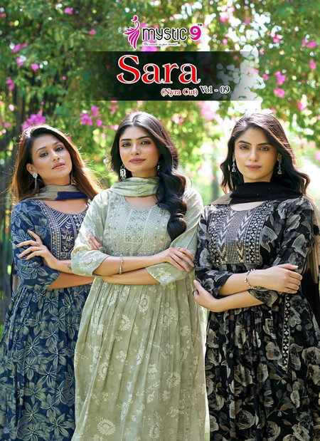 Sara Vol 9 By Mystic 9 Rayon Foil Printed Kurti With Bottom Dupatta Wholesale Market In Surat
