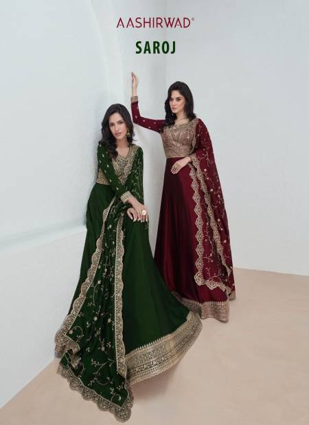 Saroj By Aashirwad Heavy Premium Silk Designer Gown With Dupatta Wholesale Shop In Surat
 Catalog